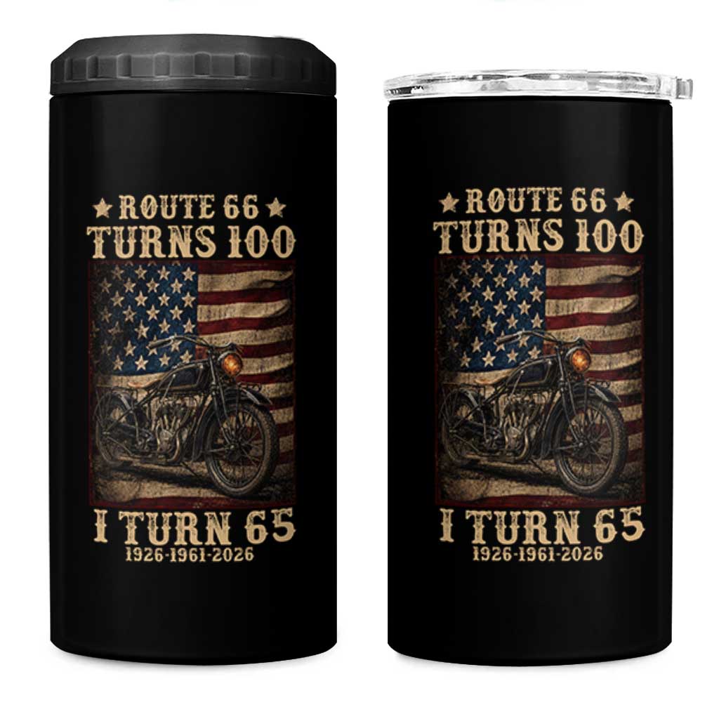 Route Highway 66 Turns 100 I Turn 65 4 in 1 Can Cooler Tumbler Vintage 1961 American Motorcycle Lover 65th Birthday Gift