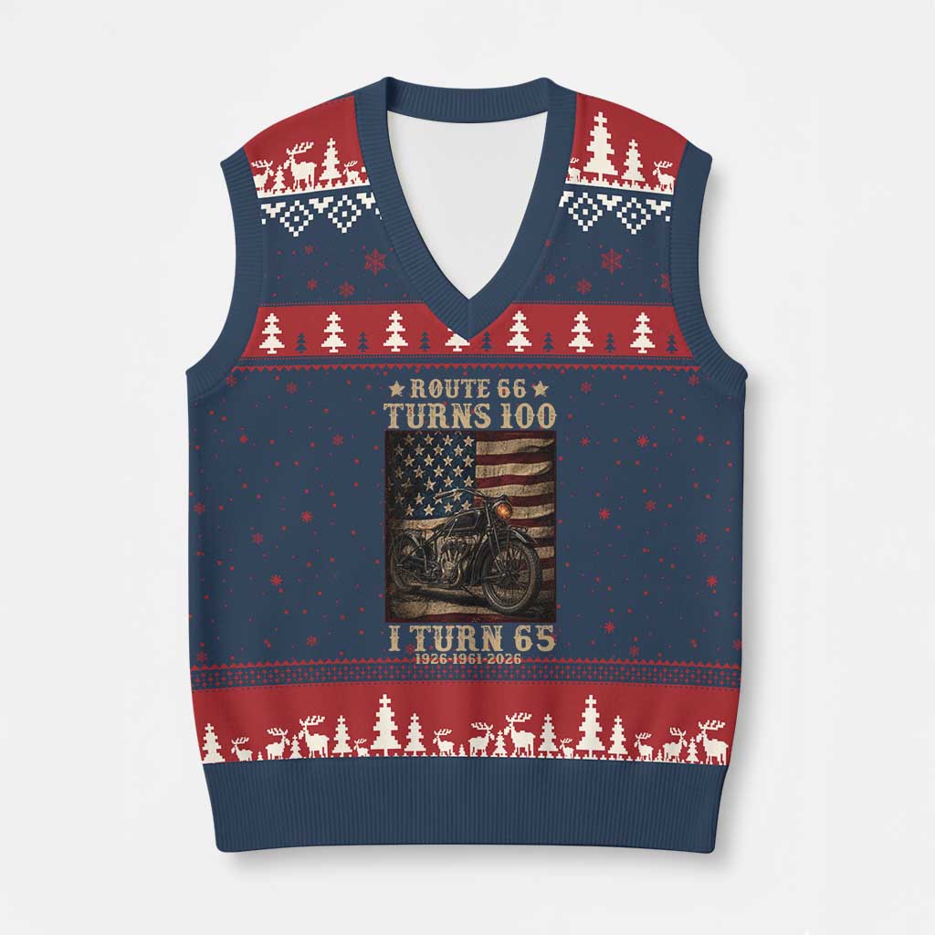 Route Highway 66 Turns 100 I Turn 65 V-Neck Knit Sweater Vest Vintage 1961 American Motorcycle Lover 65th Birthday Gift