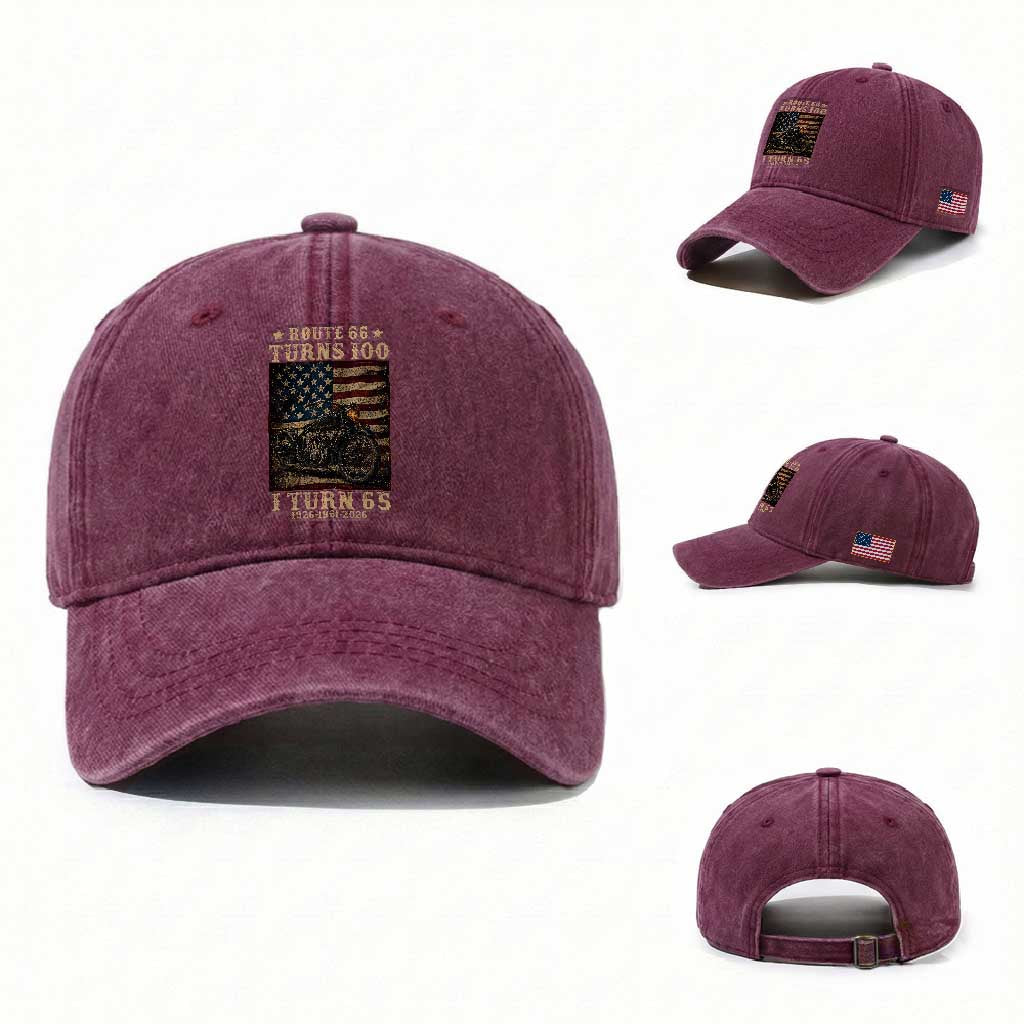 Route Highway 66 Turns 100 I Turn 65 Washed Cotton Baseball Cap Vintage 1961 American Motorcycle Lover 65th Birthday Gift