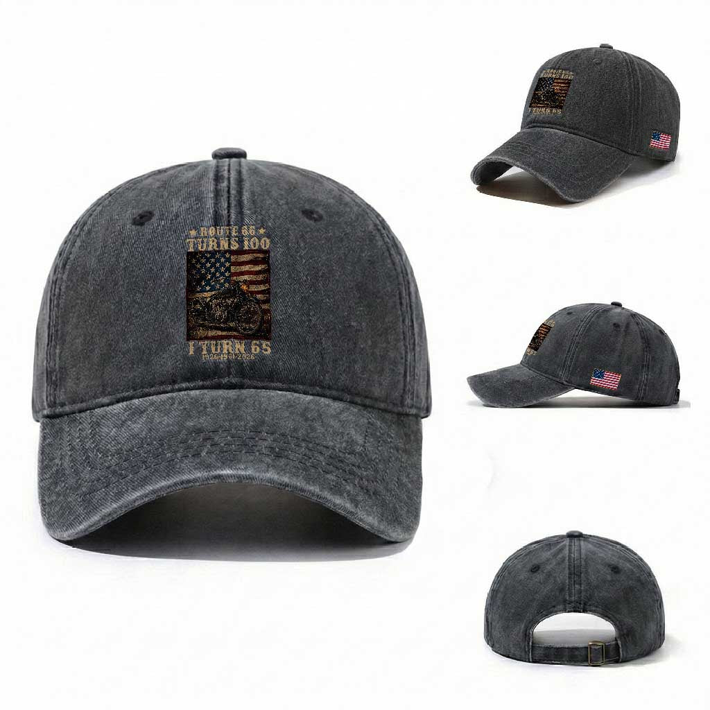 Route Highway 66 Turns 100 I Turn 65 Washed Cotton Baseball Cap Vintage 1961 American Motorcycle Lover 65th Birthday Gift