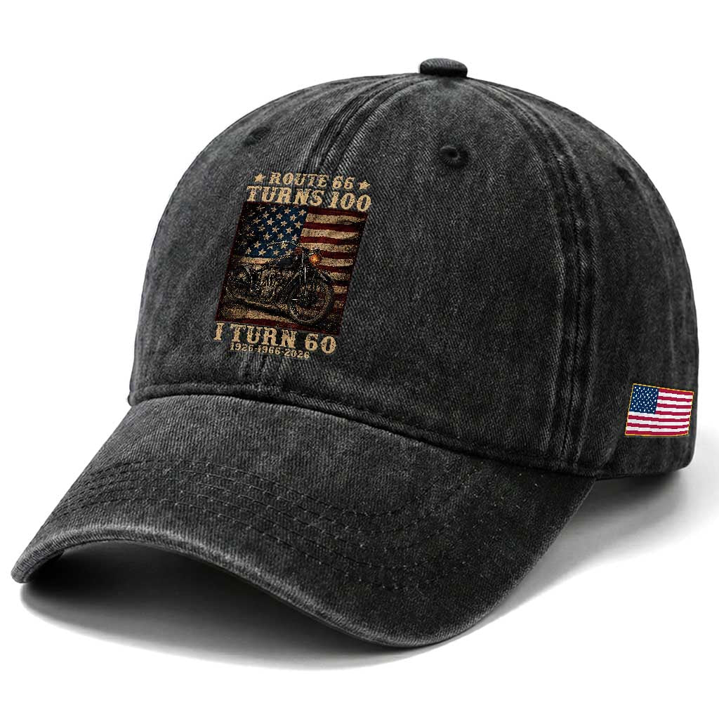 Route Highway 66 Turns 100 I Turn 60 Washed Cotton Baseball Cap Vintage 1966 American Motorcycle Lover 60th Birthday Gift