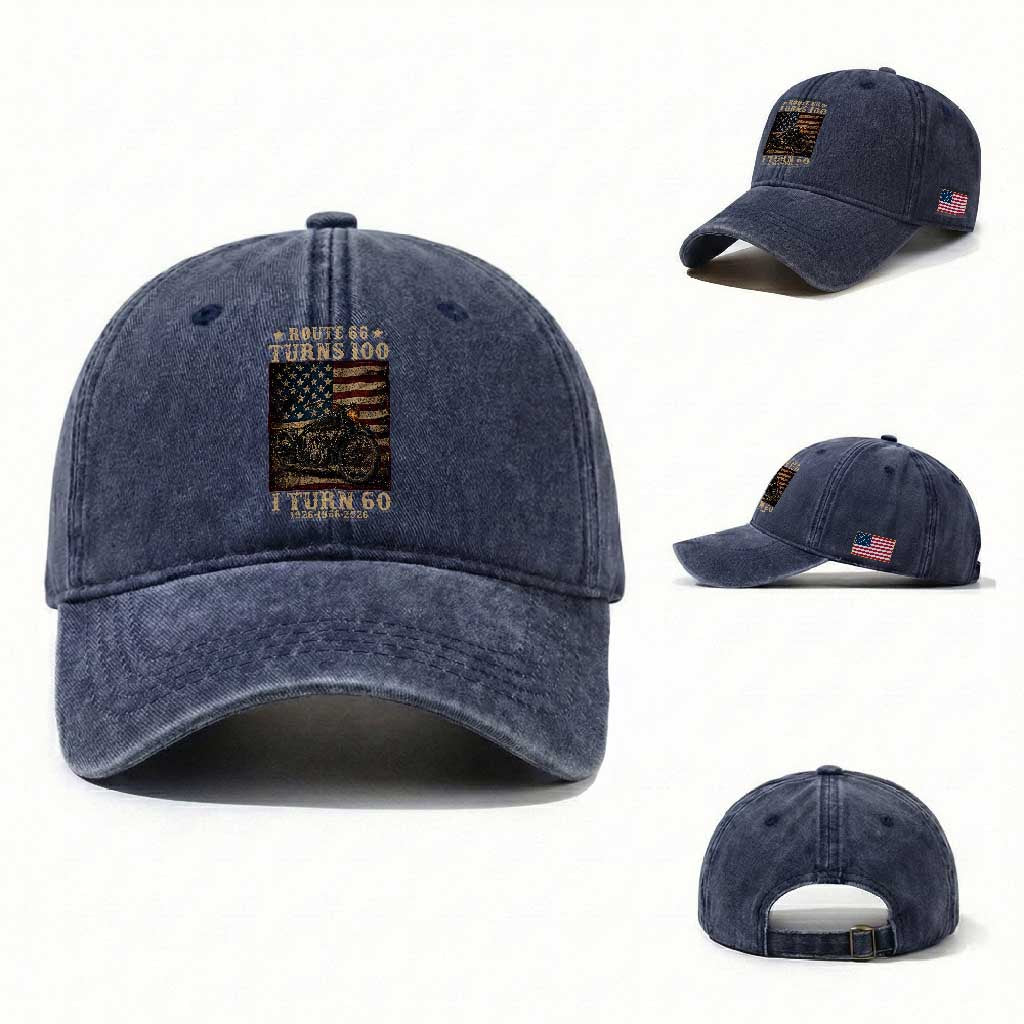 Route Highway 66 Turns 100 I Turn 60 Washed Cotton Baseball Cap Vintage 1966 American Motorcycle Lover 60th Birthday Gift