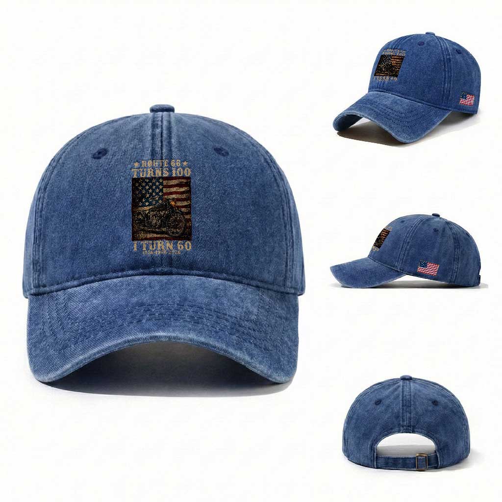 Route Highway 66 Turns 100 I Turn 60 Washed Cotton Baseball Cap Vintage 1966 American Motorcycle Lover 60th Birthday Gift