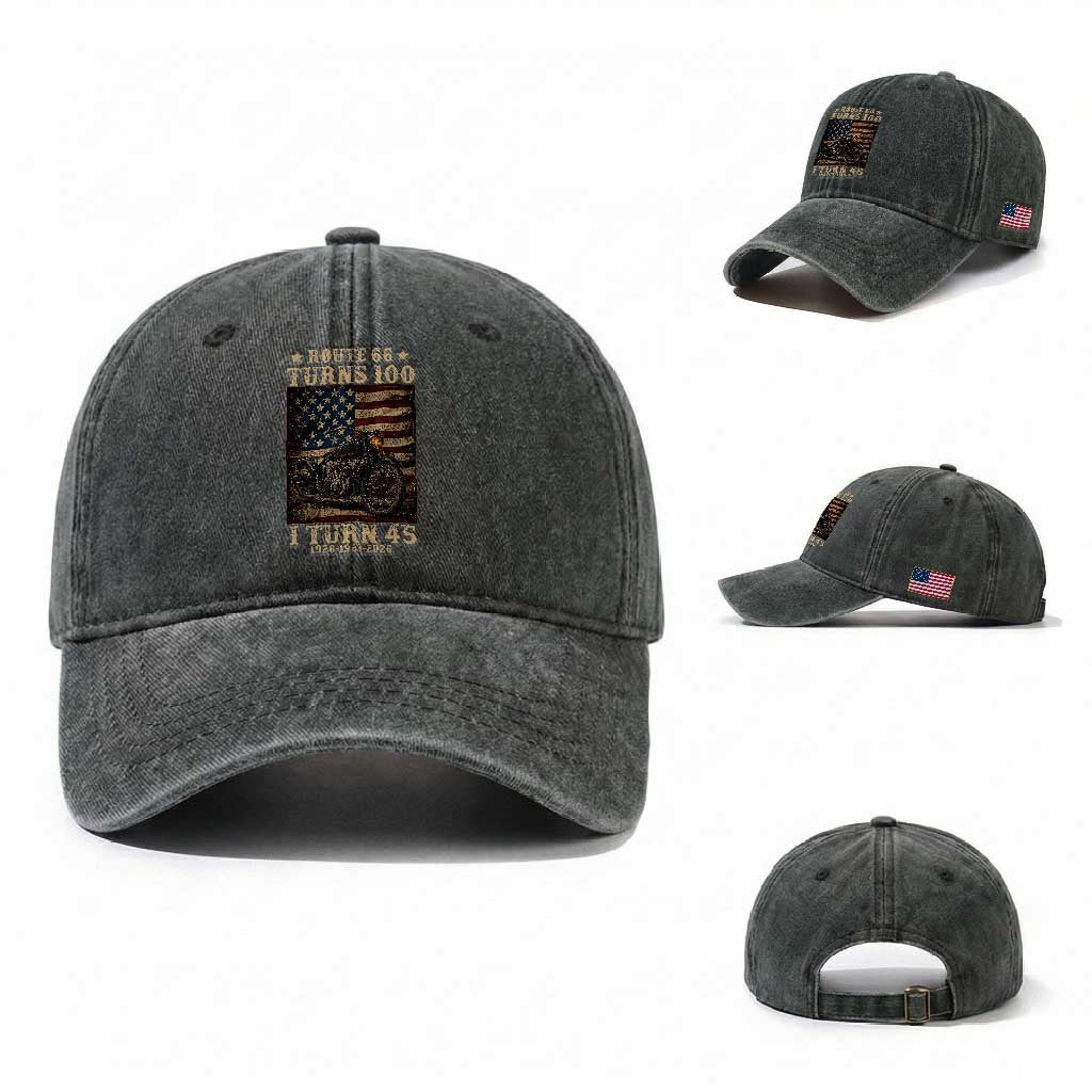 Route Highway 66 Turns 100 I Turn 45 Washed Cotton Baseball Cap Vintage 1981 American Motorcycle Lover 45th Birthday Gift