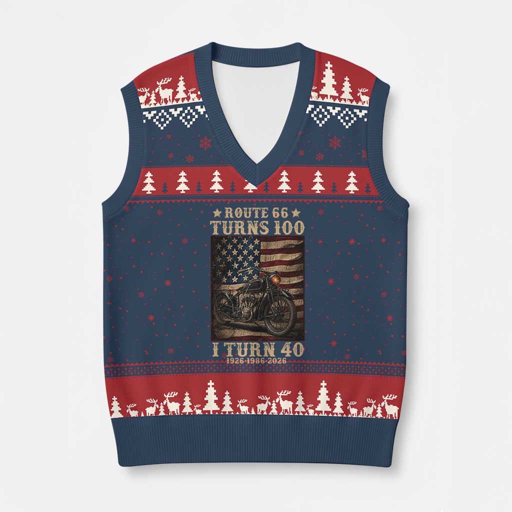 Route Highway 66 Turns 100 I Turn 40 V-Neck Knit Sweater Vest Vintage 1986 American Motorcycle Lover 40th Birthday Gift