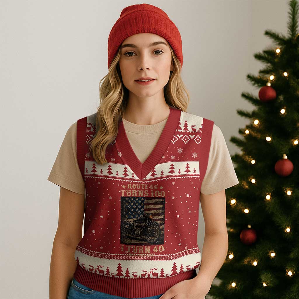 Route Highway 66 Turns 100 I Turn 40 V-Neck Knit Sweater Vest Vintage 1986 American Motorcycle Lover 40th Birthday Gift