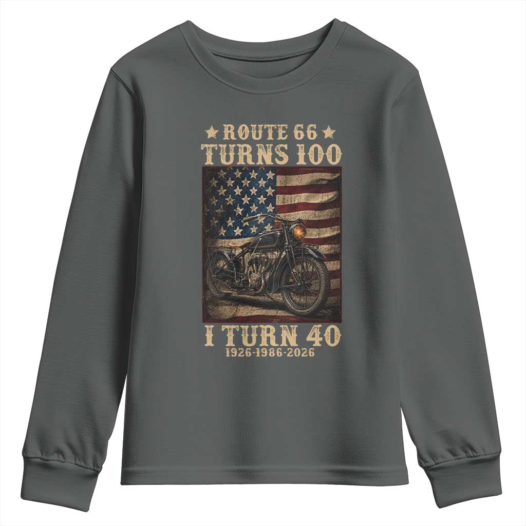 Route Highway 66 Turns 100 I Turn 40 Youth Sweatshirt Vintage 1986 American Motorcycle Lover 40th Birthday Gift