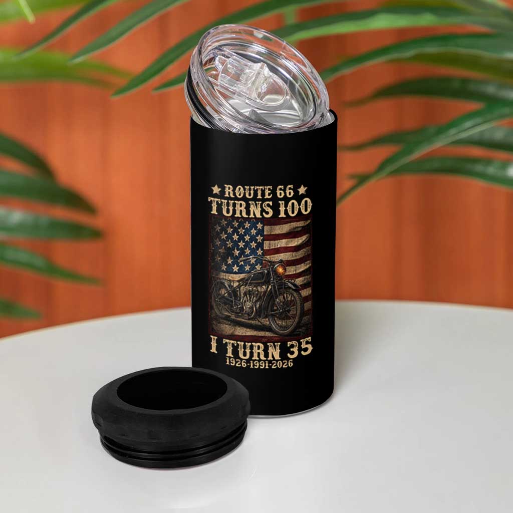 Route Highway 66 Turns 100 I Turn 35 4 in 1 Can Cooler Tumbler Vintage 1991 American Motorcycle Lover 35th Birthday Gift