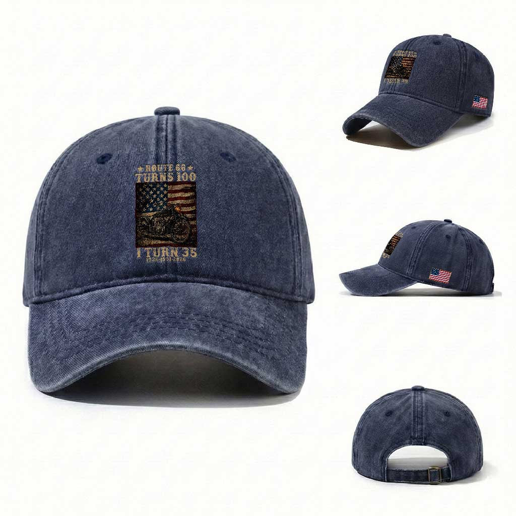 Route Highway 66 Turns 100 I Turn 35 Washed Cotton Baseball Cap Vintage 1991 American Motorcycle Lover 35th Birthday Gift