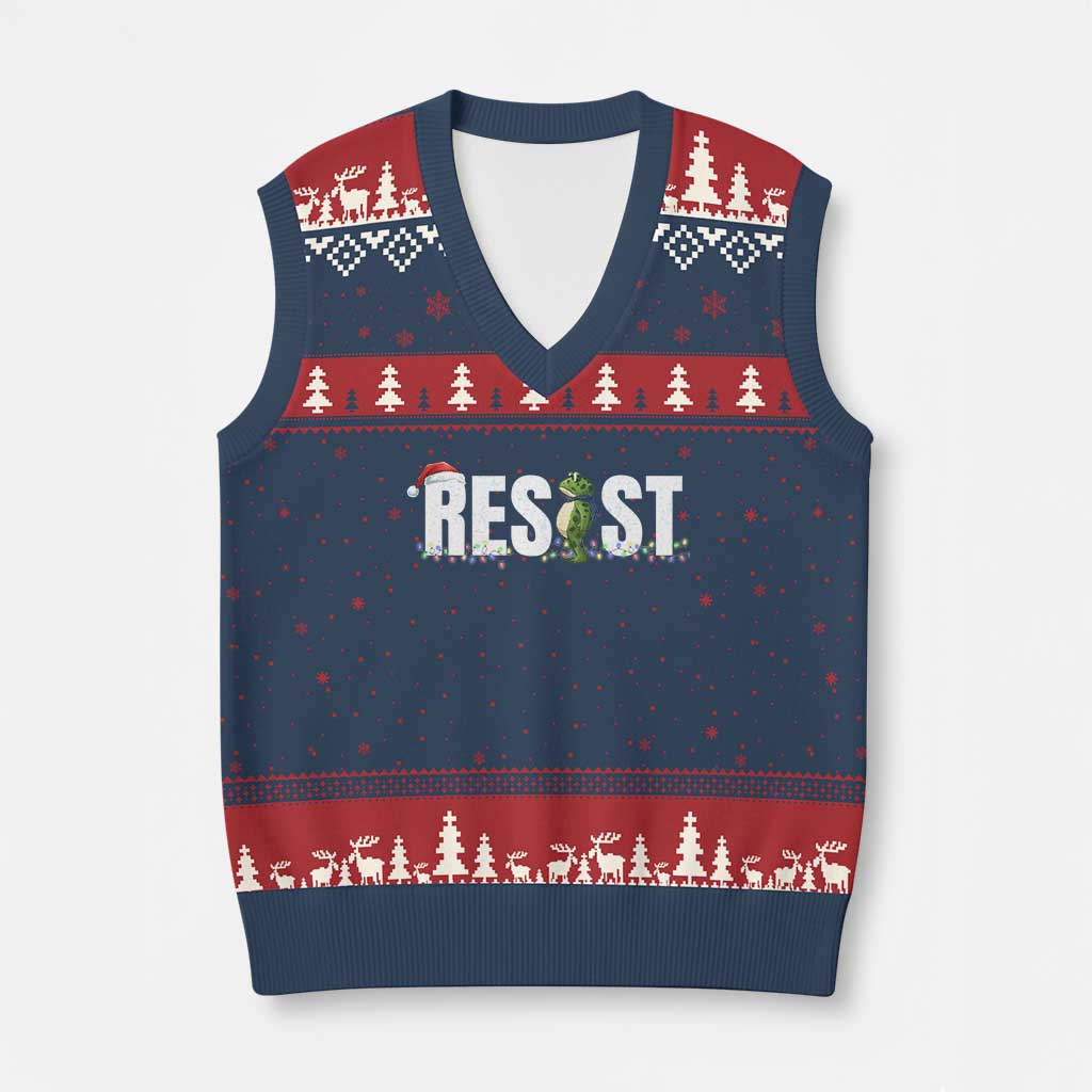 Resist Frog Xmas V-Neck Knit Sweater Vest Funny Portland Protest ICE Activist Meme 2025 - Wonder Print Shop