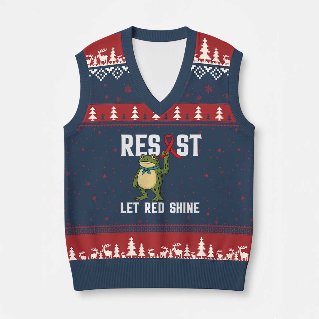 Resist Frog AIDS Awareness V-Neck Knit Sweater Vest Funny Portland Activist Meme HIV Support Red Ribbon - Wonder Print Shop