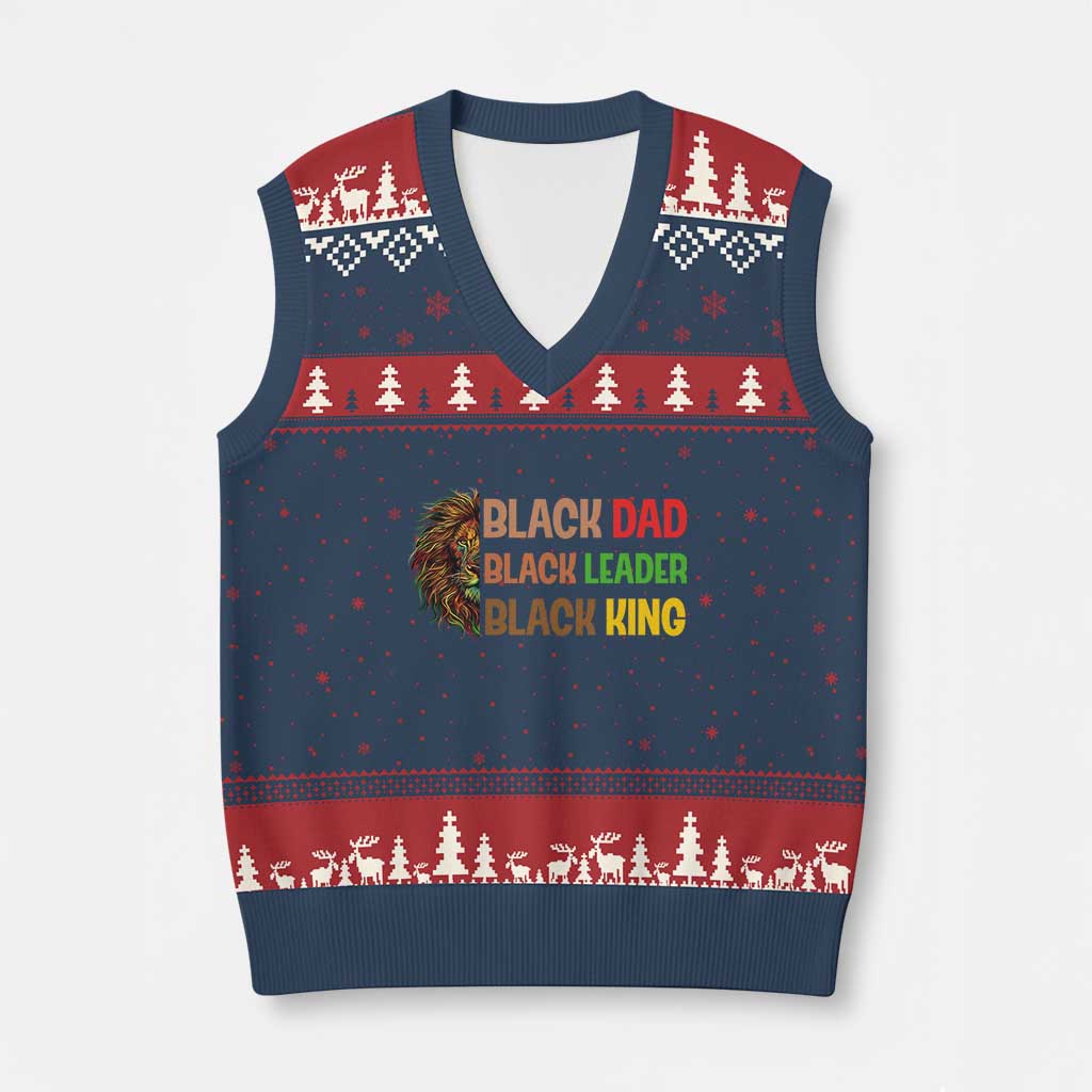 Black Affrican Melanin V-Neck Knit Sweater Vest Lion Father Day Dad Leader Black King - Wonder Print Shop