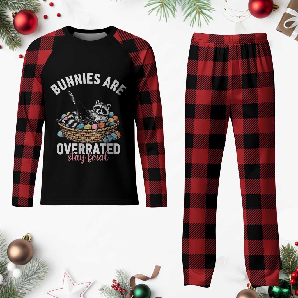 Funny Easter Raccoon Meme Plaid Pajama Set Bunnies Are Overrated Stay Feral