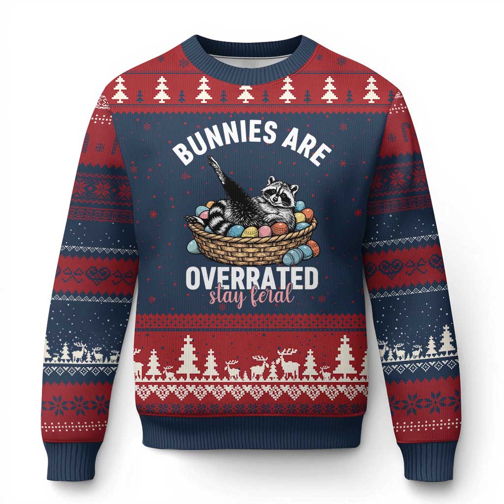 Funny Easter Raccoon Meme Ugly Christmas Sweater Bunnies Are Overrated Stay Feral