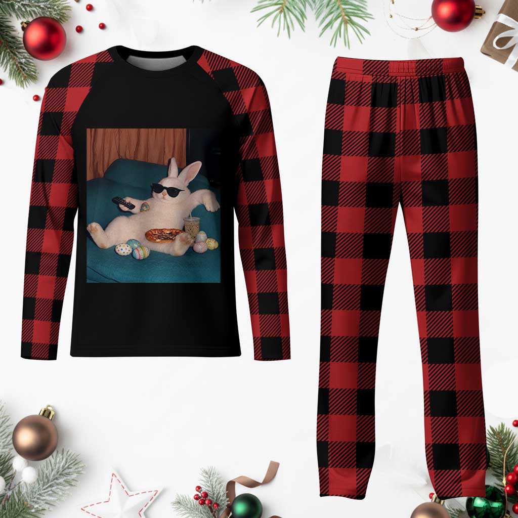 Easter Bunny Iced Coffee Plaid Pajama Set Funny Animal Meme