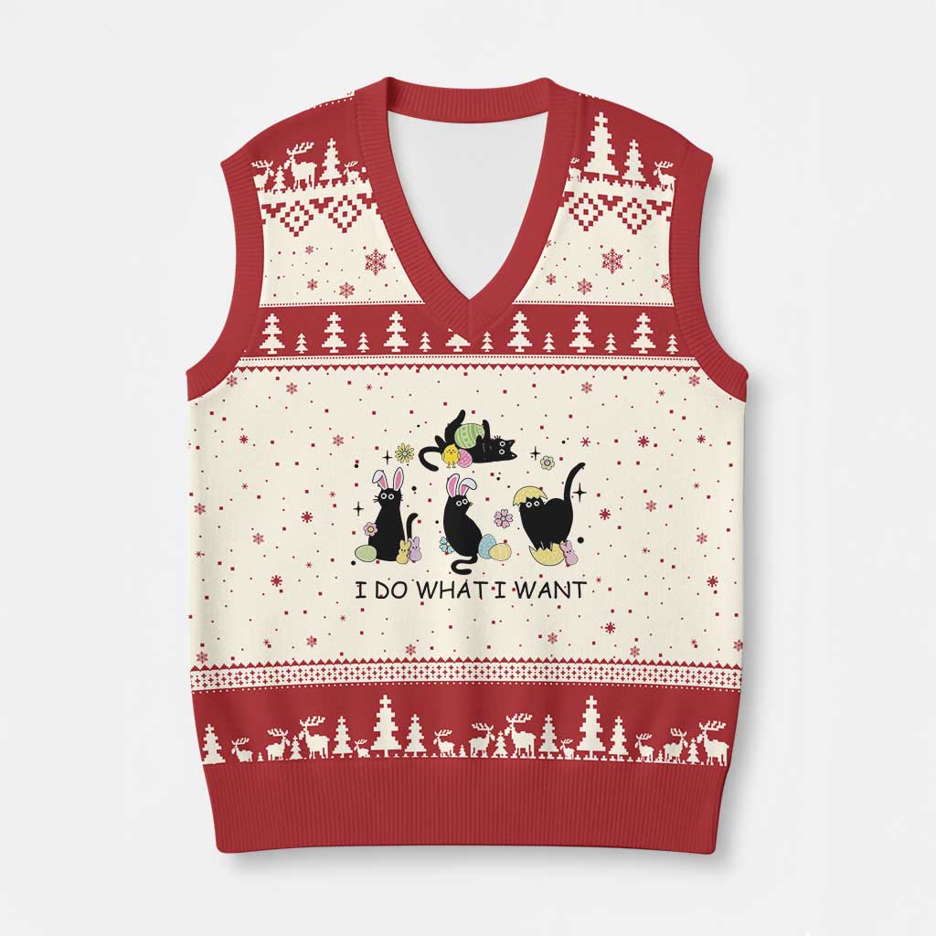 Funny Easter Black Cat V-Neck Knit Sweater Vest I Do What I Want