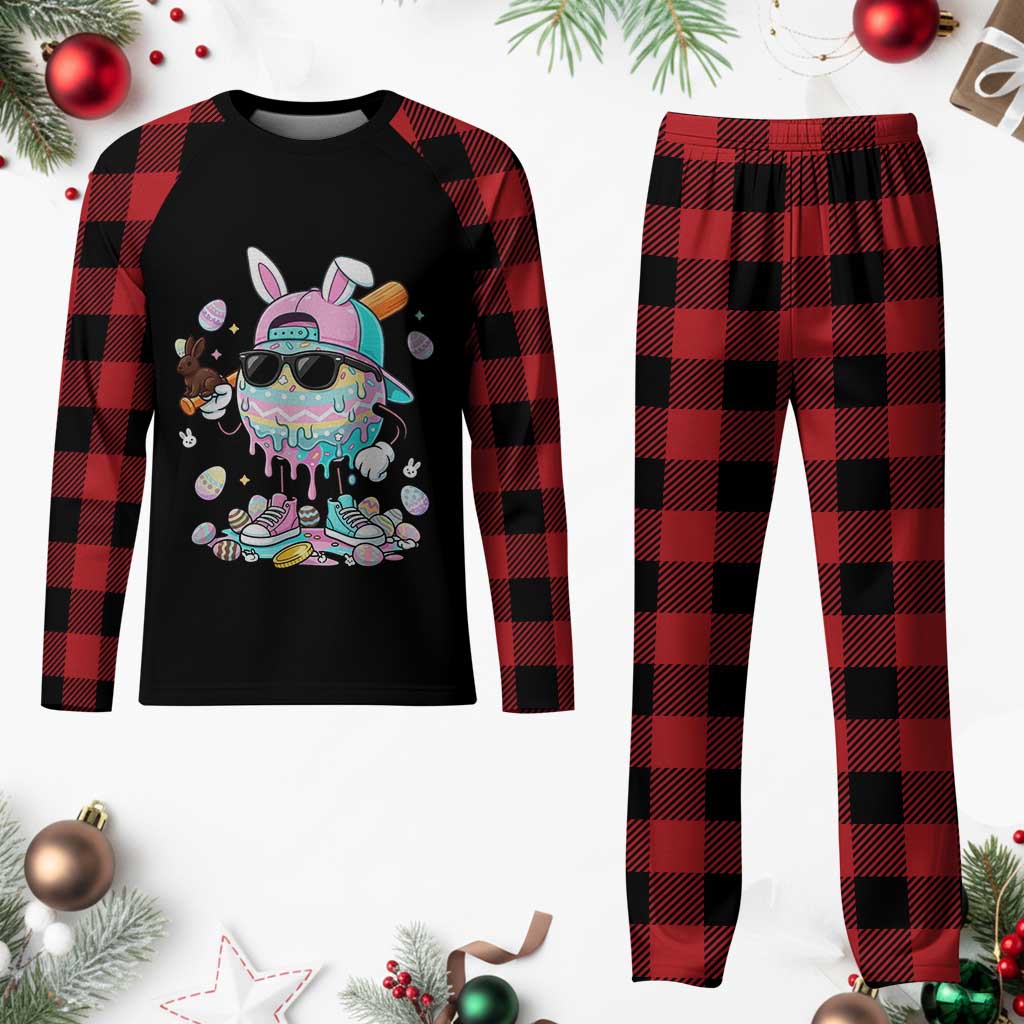 Funny Baseball Easter Plaid Pajama Set Drip Ice Cream Bunny Easter