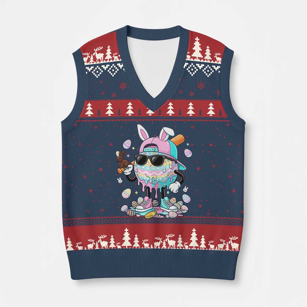 Funny Baseball Easter V-Neck Knit Sweater Vest Drip Ice Cream Bunny Easter