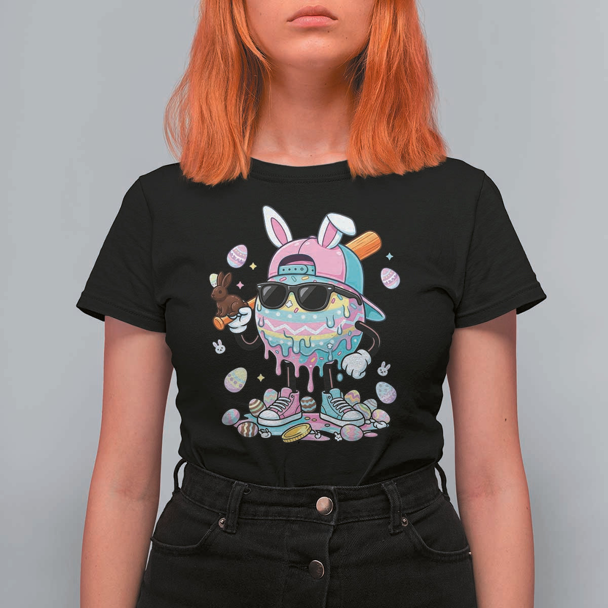 Funny Baseball Easter T Shirt For Women Drip Ice Cream Bunny Easter