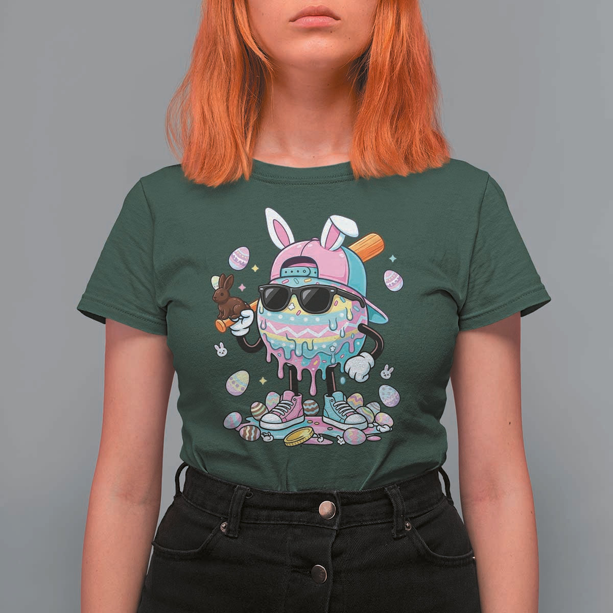 Funny Baseball Easter T Shirt For Women Drip Ice Cream Bunny Easter