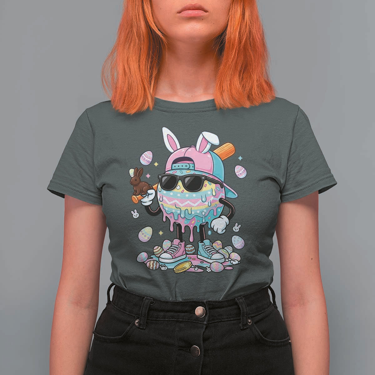 Funny Baseball Easter T Shirt For Women Drip Ice Cream Bunny Easter
