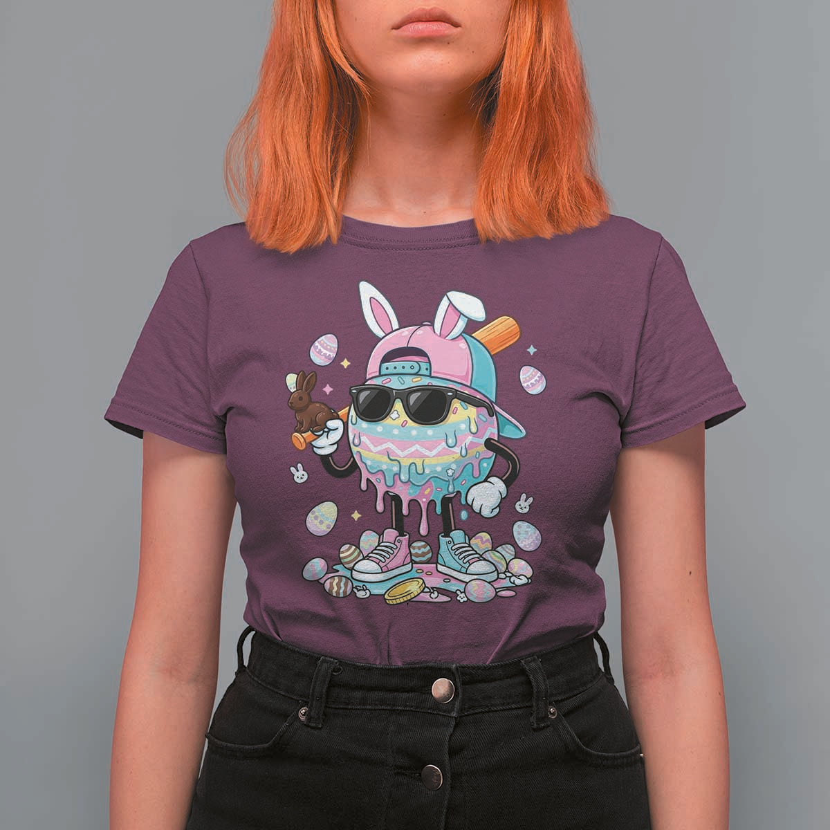 Funny Baseball Easter T Shirt For Women Drip Ice Cream Bunny Easter