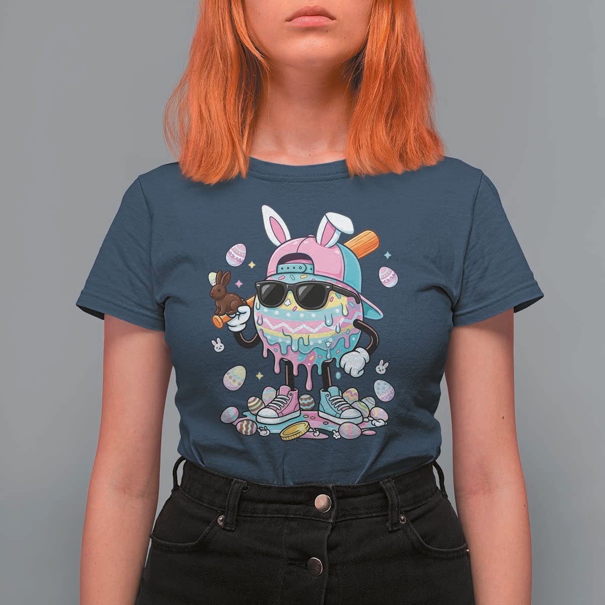 Funny Baseball Easter T Shirt For Women Drip Ice Cream Bunny Easter