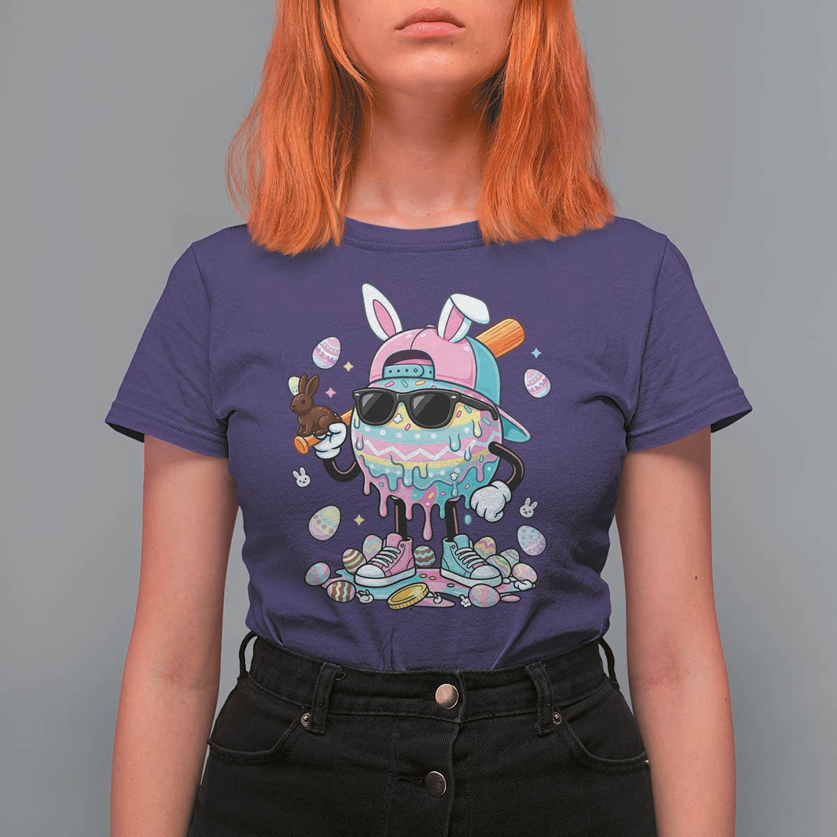 Funny Baseball Easter T Shirt For Women Drip Ice Cream Bunny Easter