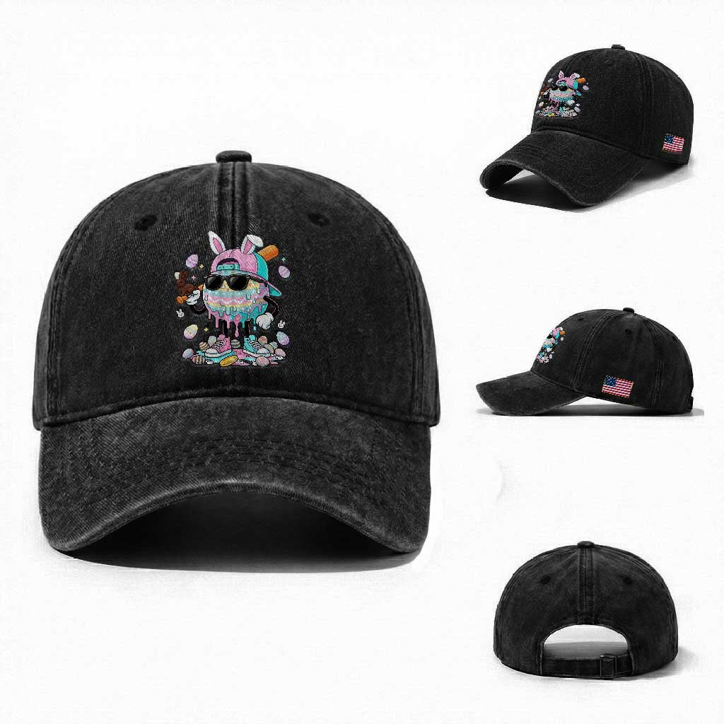 Funny Baseball Easter Washed Cotton Baseball Cap Drip Ice Cream Bunny Easter