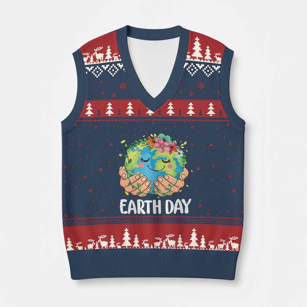Cute Earth with Floral Earth Day V-Neck Knit Sweater Vest