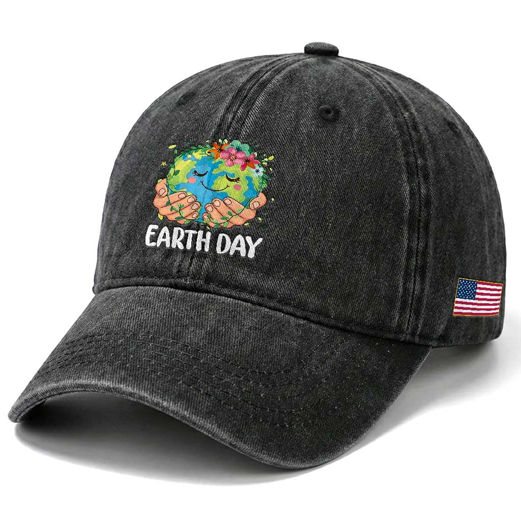 Cute Earth with Floral Earth Day Washed Cotton Baseball Cap