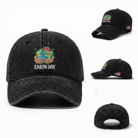 Cute Earth with Floral Earth Day Washed Cotton Baseball Cap