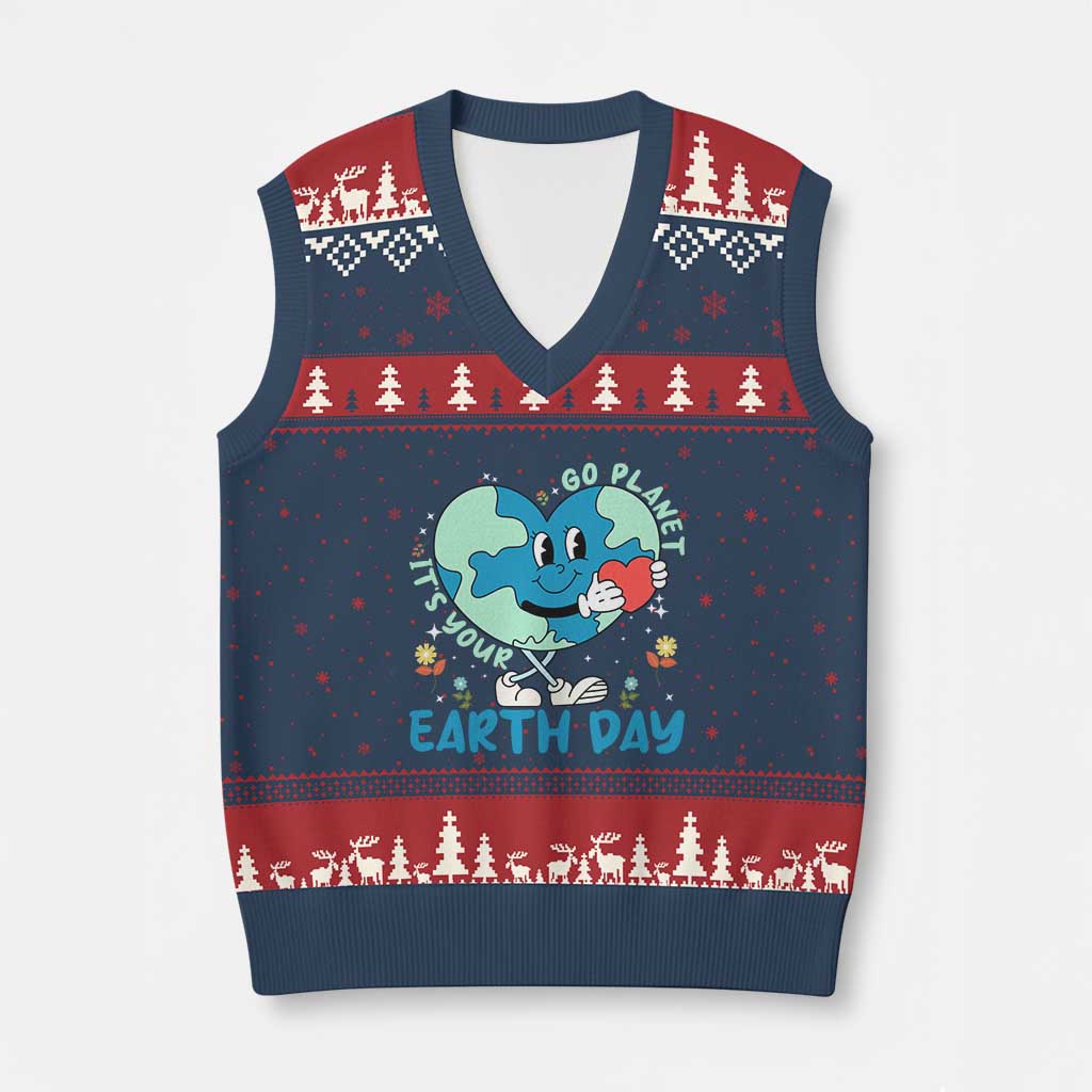 Go Planet It's Your Earth Day V-Neck Knit Sweater Vest Cute Nature Lover Heart Earth