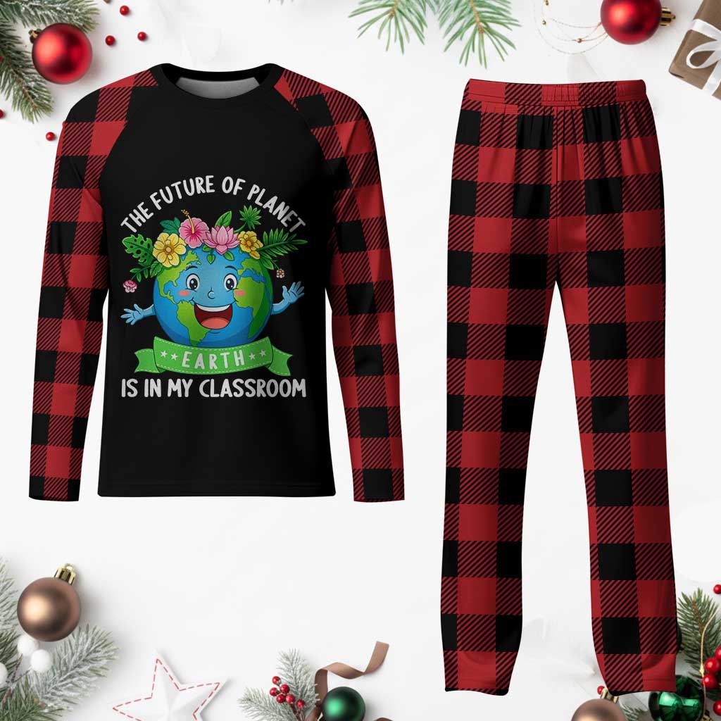 The Future Of Planet Is In My Classroom Plaid Pajama Set Cute Earth with Floral Earth Day