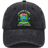 The Future Of Planet Is In My Classroom Washed Cotton Baseball Cap Cute Earth with Floral Earth Day