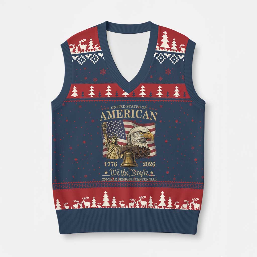 USA 250th Anniversary V-Neck Knit Sweater Vest America 1776-2026 Patriotic Eagle Liberty Bell