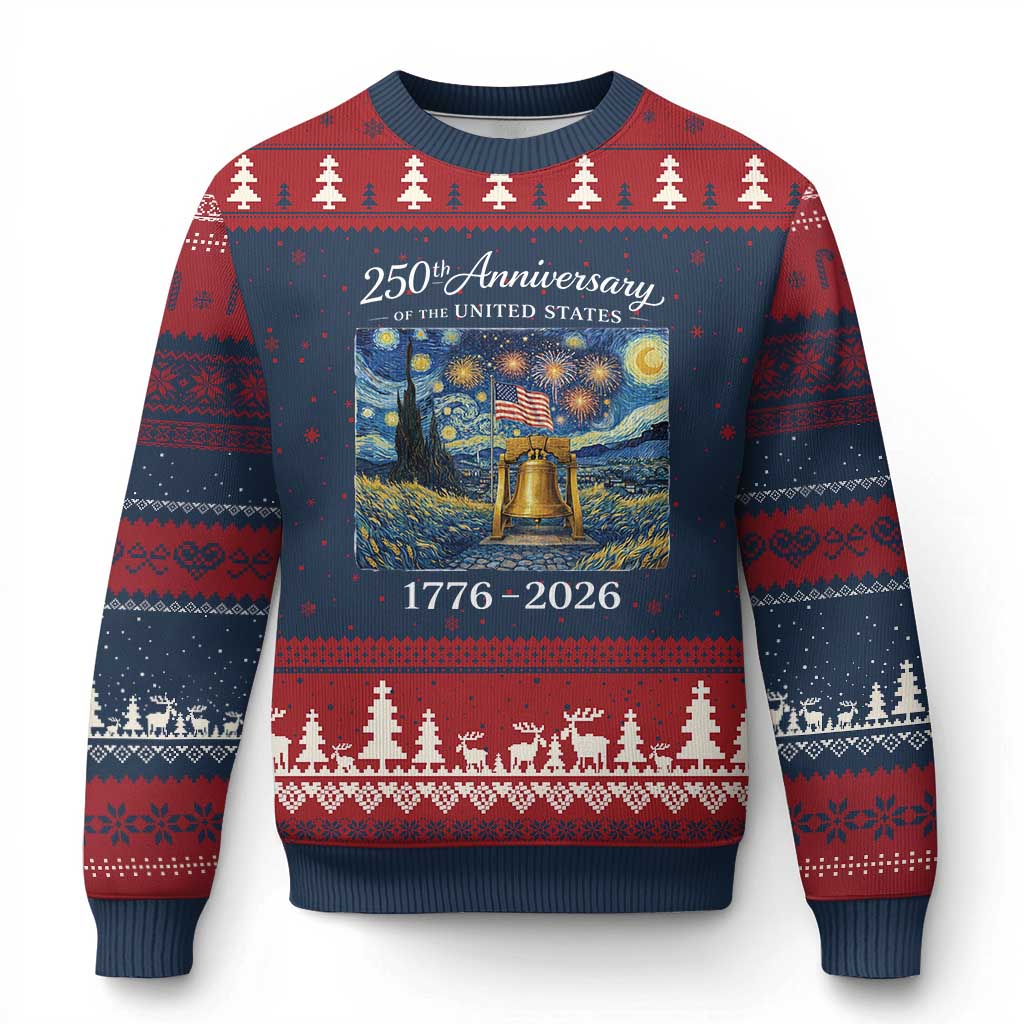 USA 250th Anniversary Ugly Christmas Sweater Liberty Bell 1776–2026 Patriotic American Flag Starry Night