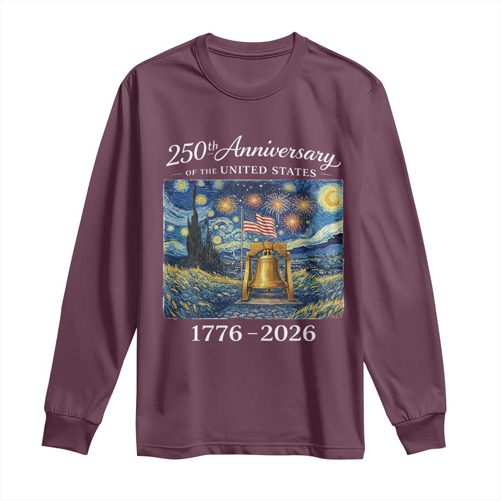 USA 250th Anniversary Long Sleeve Shirt Patriotic Liberty Bell 1776 2026 American Flag Starry Night