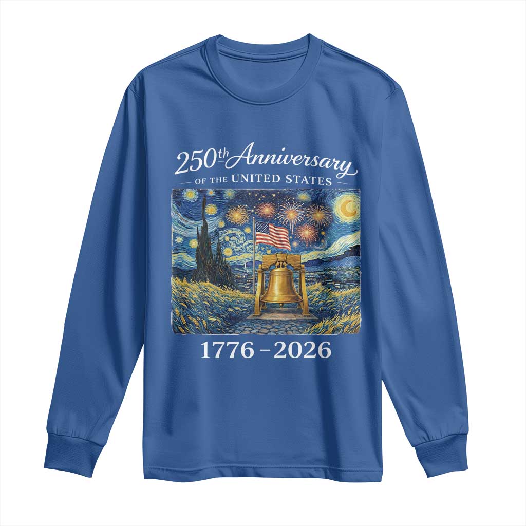USA 250th Anniversary Long Sleeve Shirt Patriotic Liberty Bell 1776 2026 American Flag Starry Night