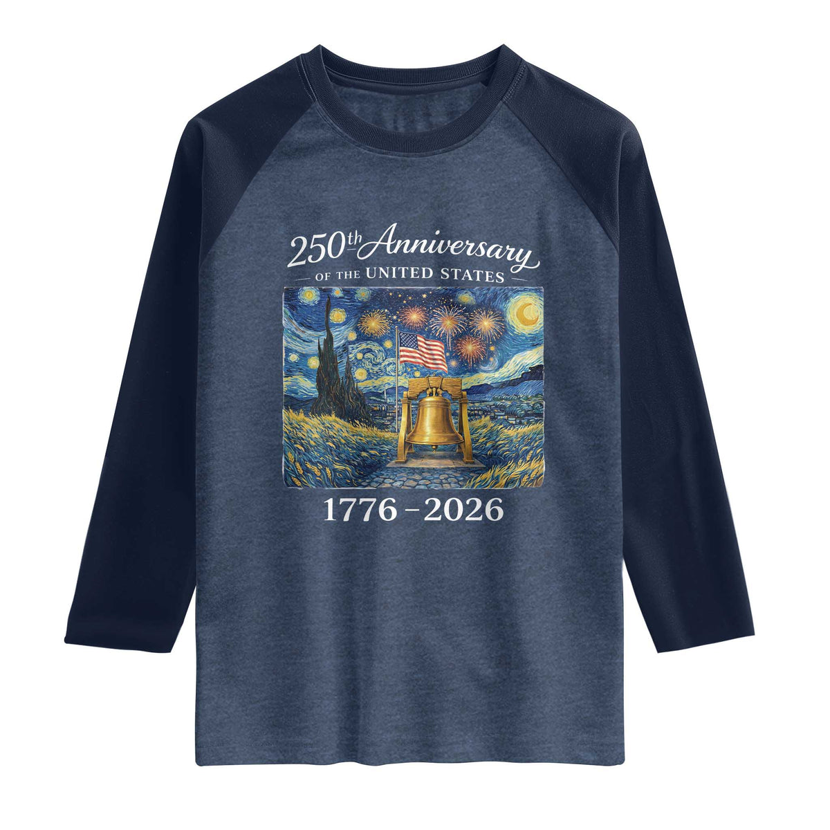 USA 250th Anniversary Raglan Shirt Liberty Bell 1776–2026 Patriotic American Flag Starry Night