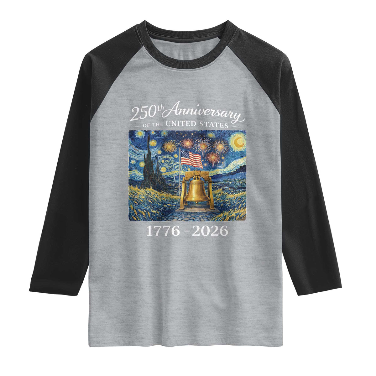 USA 250th Anniversary Raglan Shirt Liberty Bell 1776–2026 Patriotic American Flag Starry Night