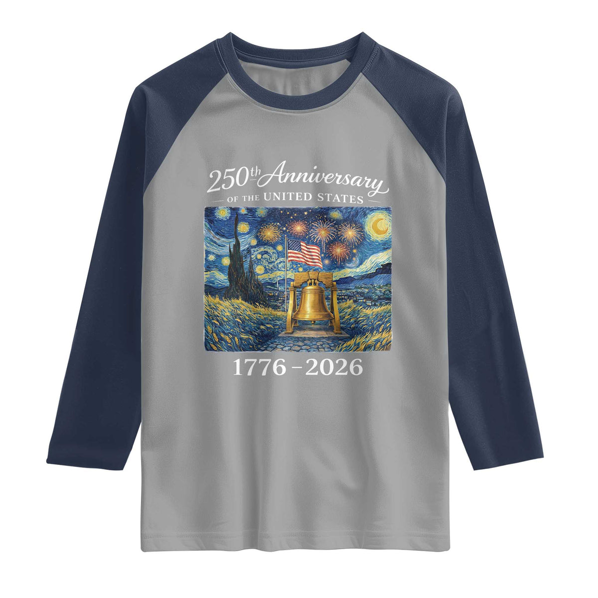 USA 250th Anniversary Raglan Shirt Liberty Bell 1776–2026 Patriotic American Flag Starry Night