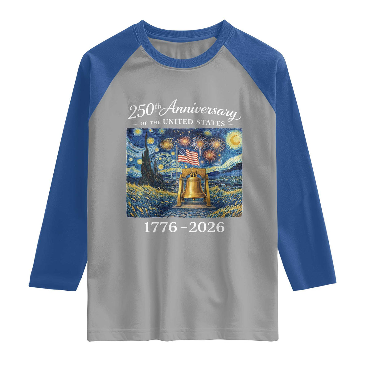 USA 250th Anniversary Raglan Shirt Liberty Bell 1776–2026 Patriotic American Flag Starry Night