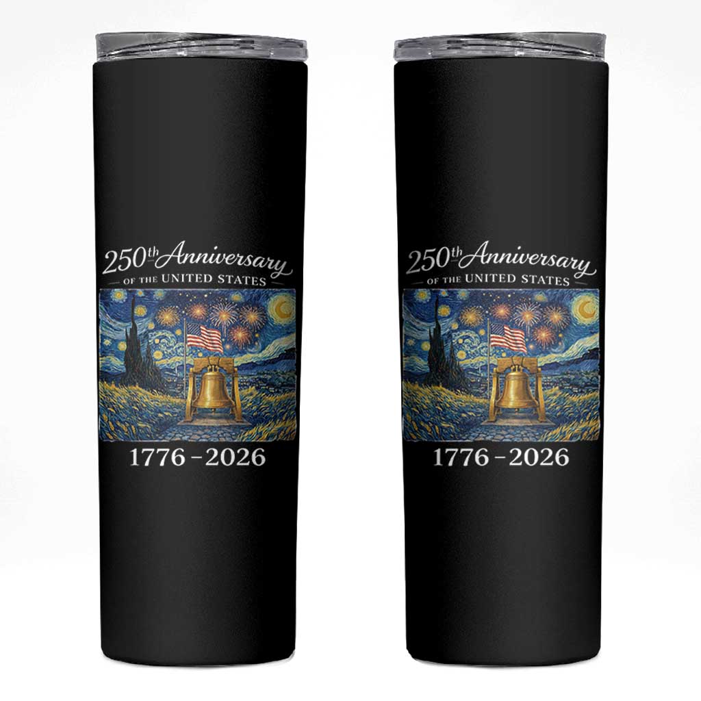 USA 250th Anniversary Skinny Tumbler Liberty Bell 1776–2026 Patriotic American Flag Starry Night