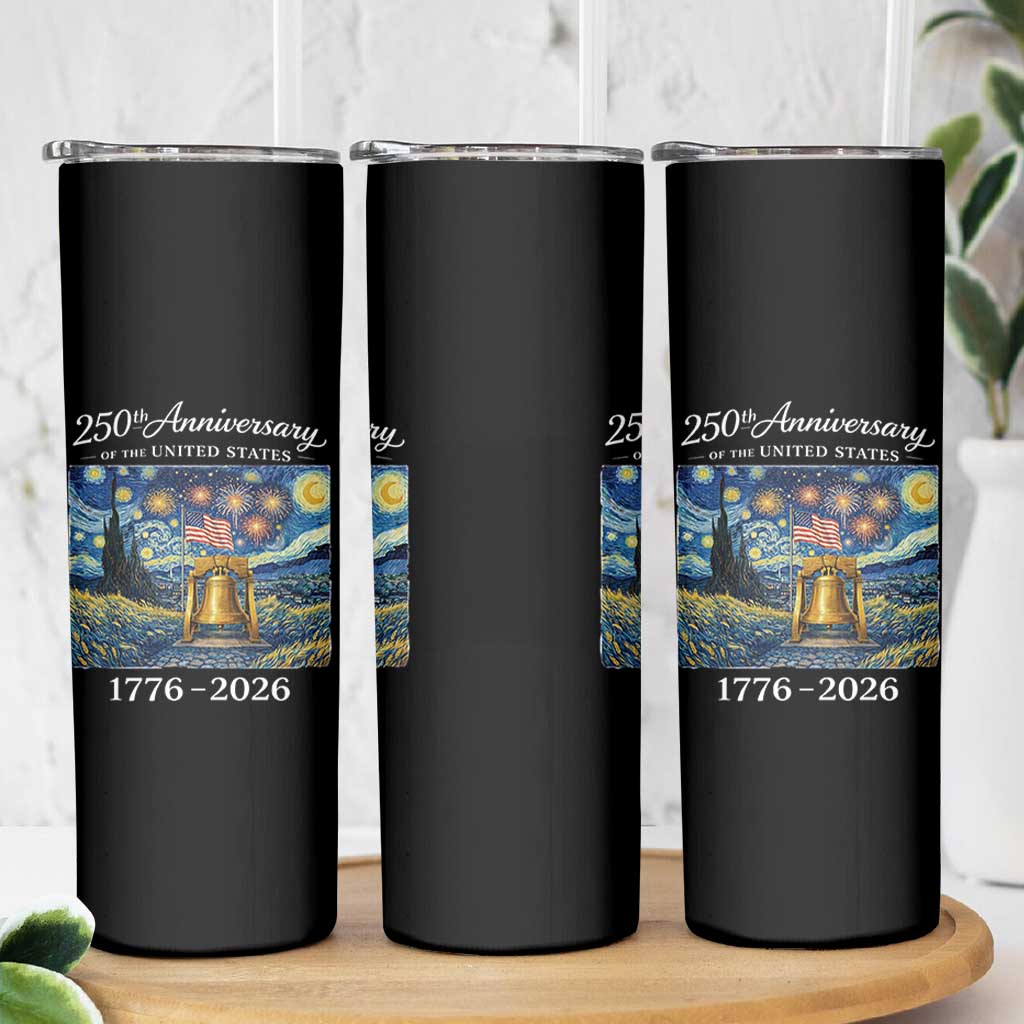 USA 250th Anniversary Skinny Tumbler Liberty Bell 1776–2026 Patriotic American Flag Starry Night