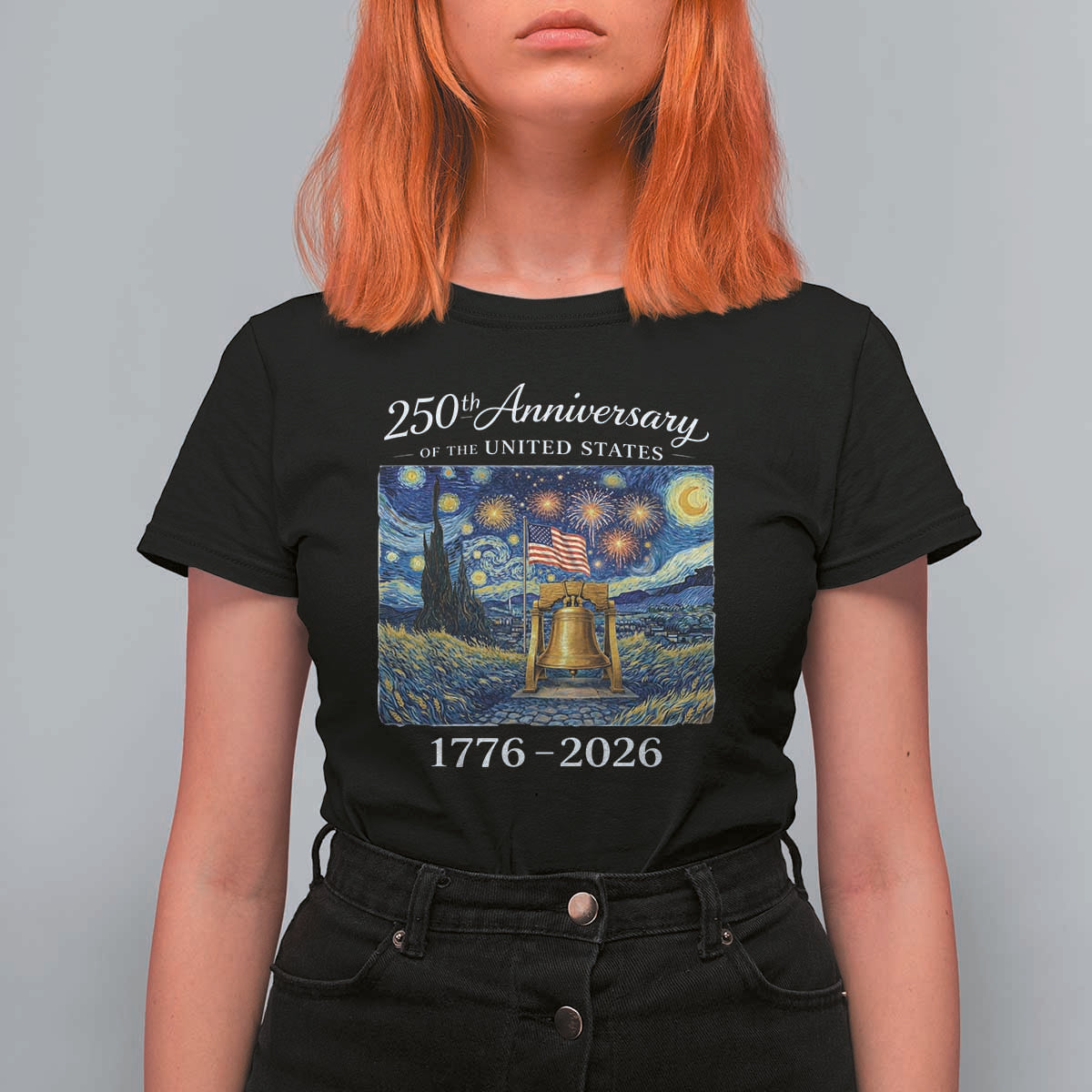 USA 250th Anniversary T Shirt For Women Liberty Bell 1776–2026 Patriotic American Flag Starry Night
