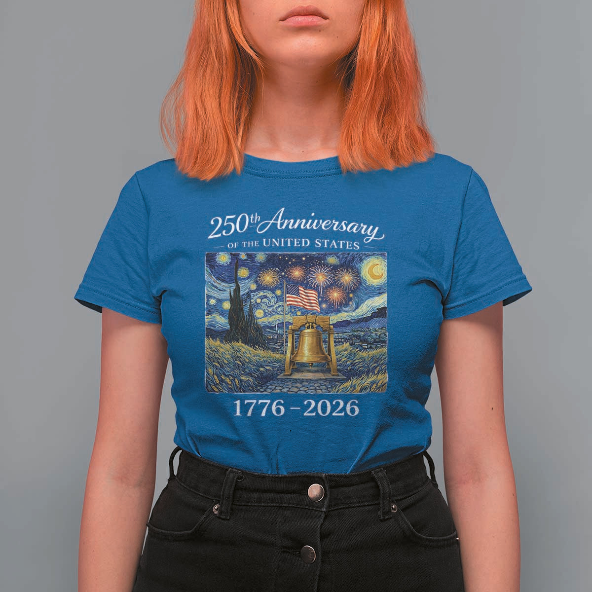 USA 250th Anniversary T Shirt For Women Liberty Bell 1776–2026 Patriotic American Flag Starry Night