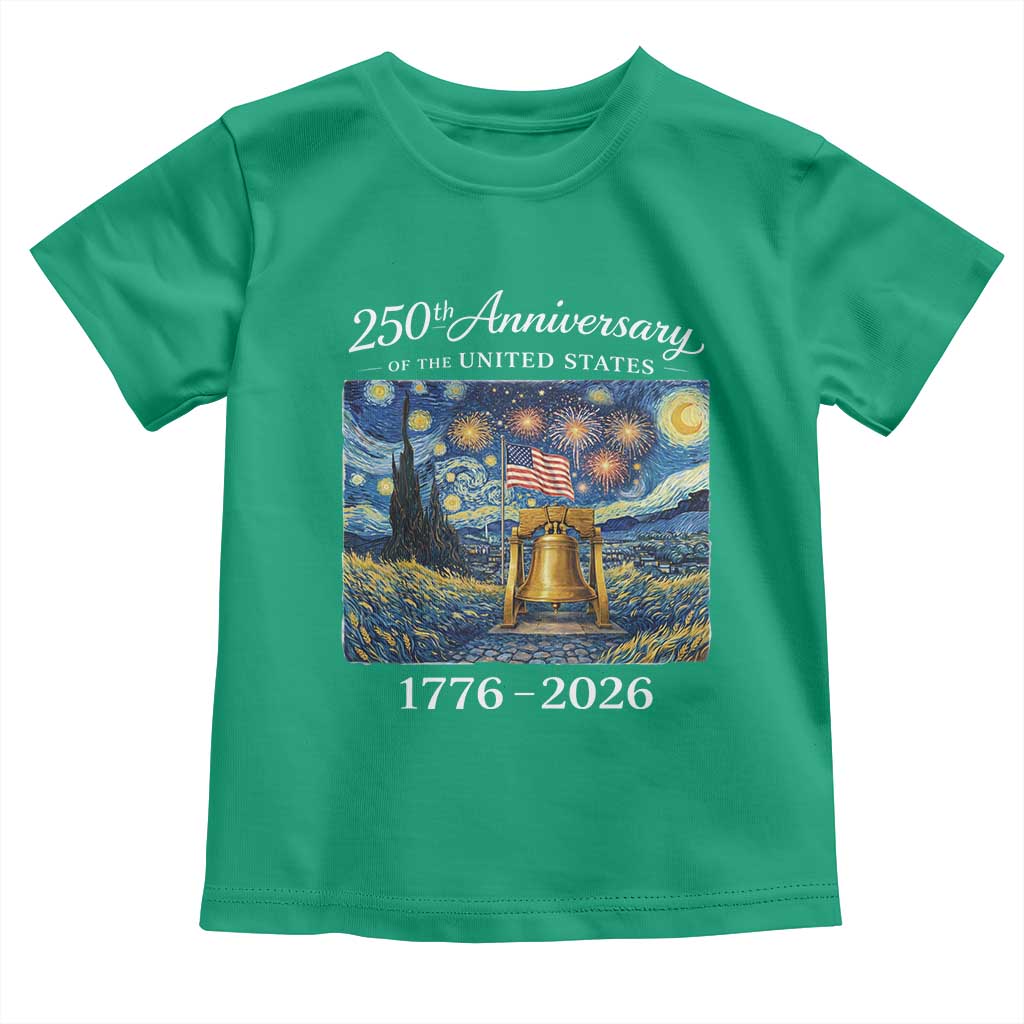 USA 250th Anniversary Toddler T Shirt Patriotic Liberty Bell 1776 2026 American Flag Starry Night