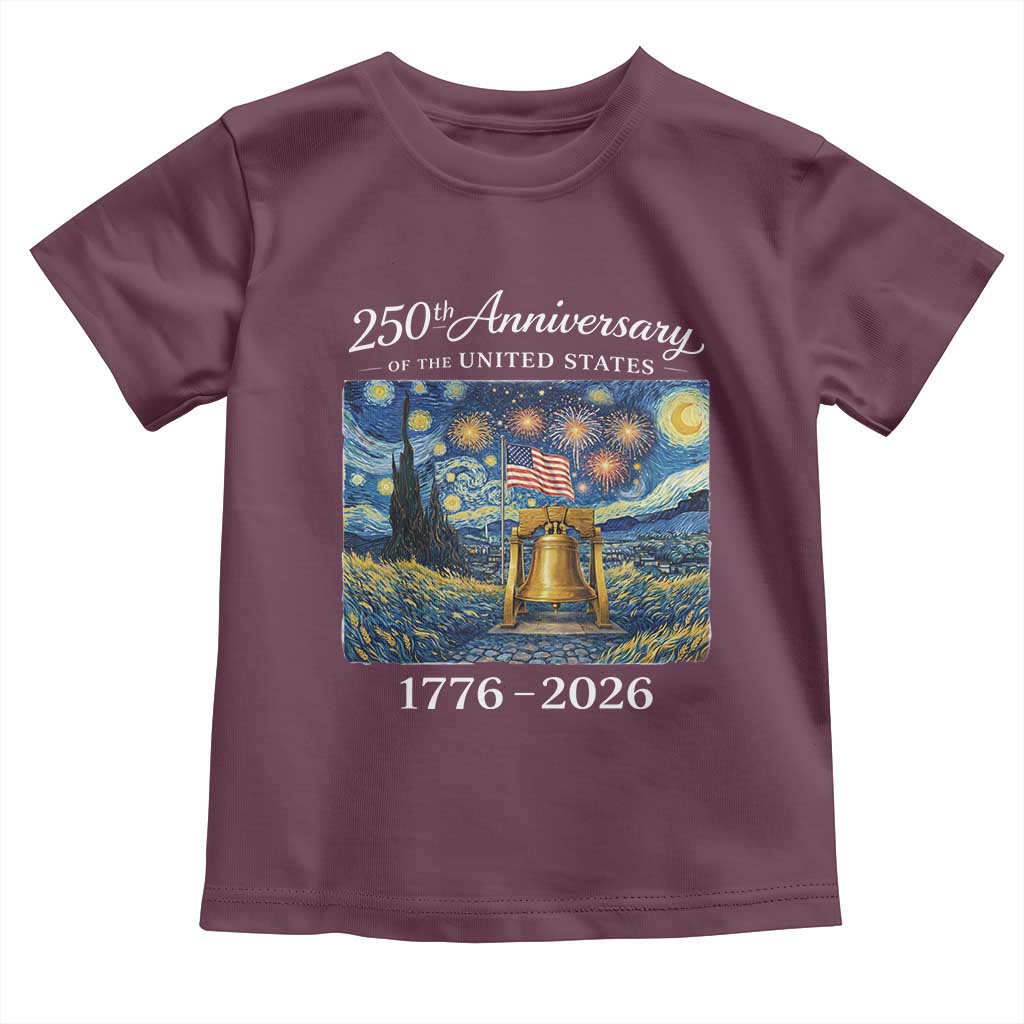 USA 250th Anniversary Toddler T Shirt Patriotic Liberty Bell 1776 2026 American Flag Starry Night