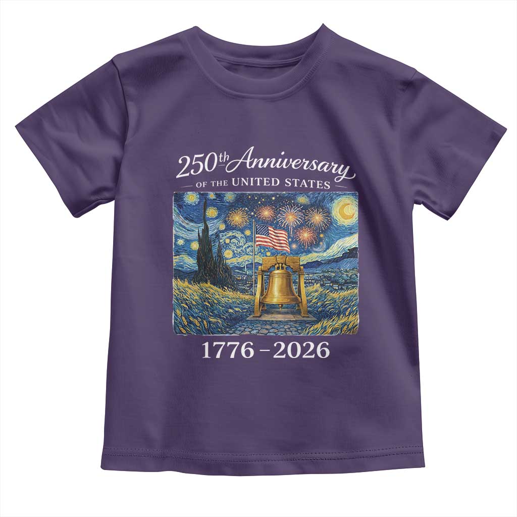 USA 250th Anniversary Toddler T Shirt Patriotic Liberty Bell 1776 2026 American Flag Starry Night